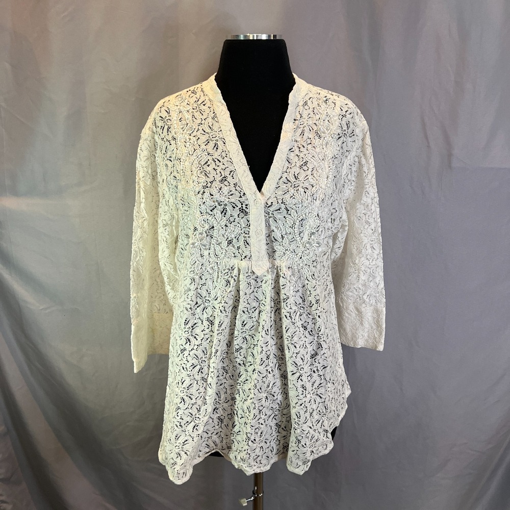 Antica Sartoria By Giacomo Cinque Lace Blouse Womens White L Cotton 3/4 Sleeve